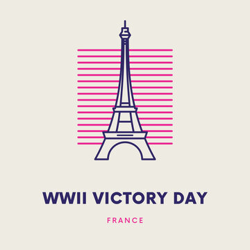 WWII Victory Day France commemorative poster, minimalist Eiffel Tower vector illustration, French liberation anniversary graphic with geometric lines