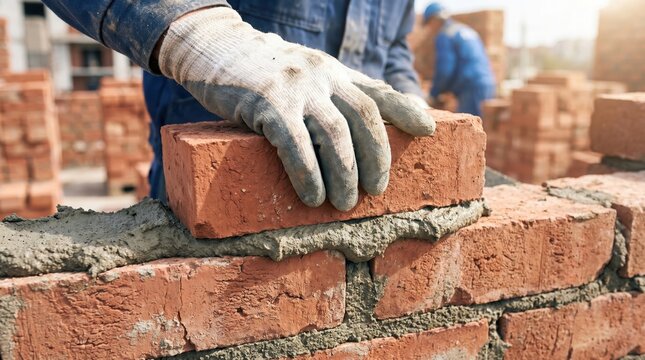 Professional construction worker lays red clay bricks with cement mortar at an active building site under warm natural sunlight for residential development projects