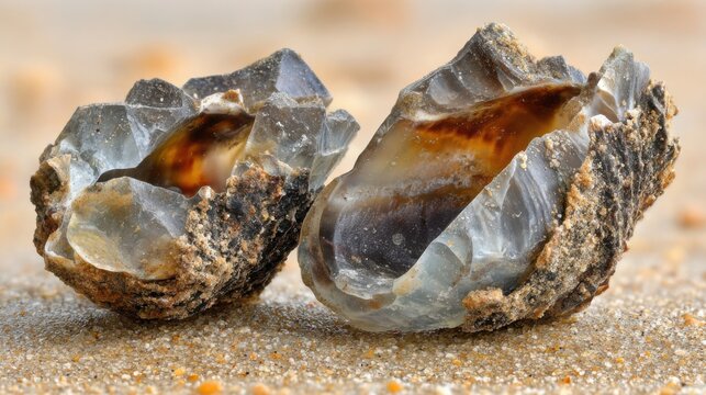 Closeup of Sand with Embedded Shell Fragments and Rough Rocks on a Beach Shore