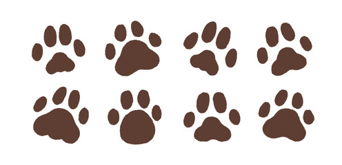 Paw prints set. Canine and feline animals pawprints, pad patterns, marks on ground. Cat and dog footprints. Pets foot step. Footmark imprints. Flat vector illustrations isolated on white background © Good Studio