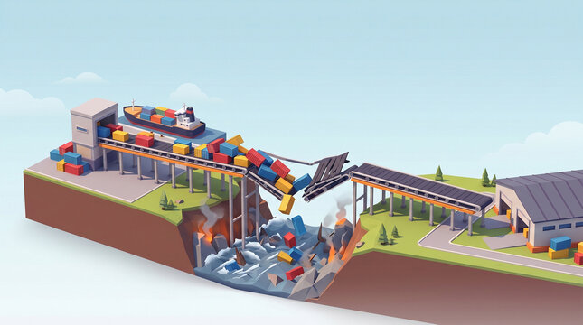 Tariff risk analysis, cargo container bridge collapse with industrial transport disruption and shipping crisis