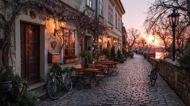 Old cobblestone street at sunset for concept of travel, history, or European city