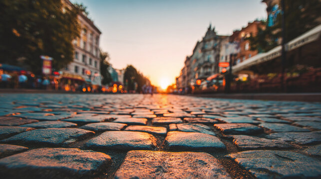 Old cobblestone street at sunset for concept of travel, history, or European city