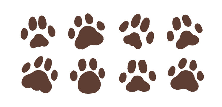 Paw prints set. Canine and feline animals pawprints, pad patterns, marks on ground. Cat and dog footprints. Pets foot step. Footmark imprints. Flat vector illustrations isolated on white background