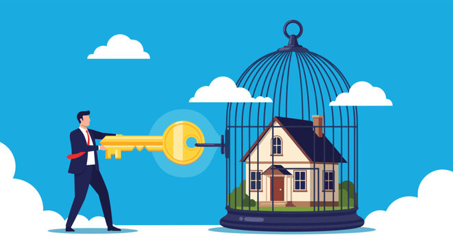 Professional businessman using a large golden key to unlock a house trapped inside a birdcage representing freedom and real estate ownership.