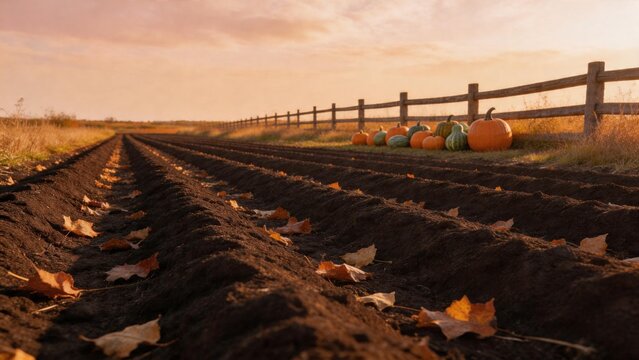 Pumpkin patch fall harvest autumn scenery. Celebrate the beauty of nature. Rows of tilled soil with pumpkins and leaves.