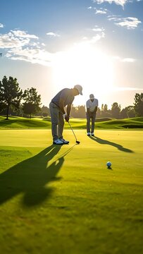Two golfers on a green during sunset