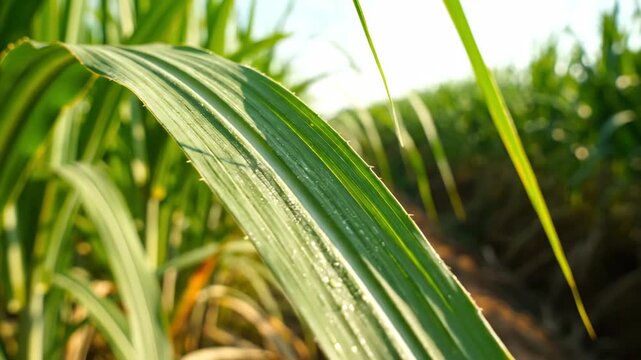 Close-up of a vibrant green leaf with white stripes in sunlight.