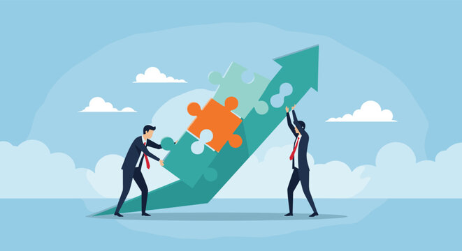 Two business professionals collaborating to build a rising green arrow using large colorful puzzle pieces representing teamwork and growth.
