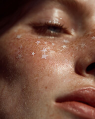 Fototapeta premium Teenager's cheek adorned with sparkling stars in soft afternoon light