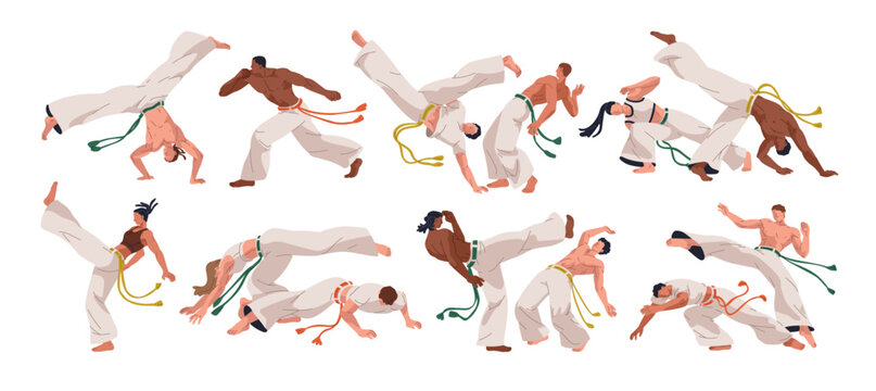 Capoeira dances, people fight set. Brazilian sport, martial art, fighting dancers dancing. Brazil battle, capoeria fighters, acrobatics exercises. Flat vector illustration isolated on white background