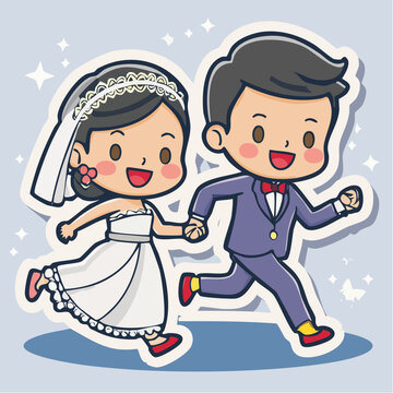 Cute cartoon bride and groom running together