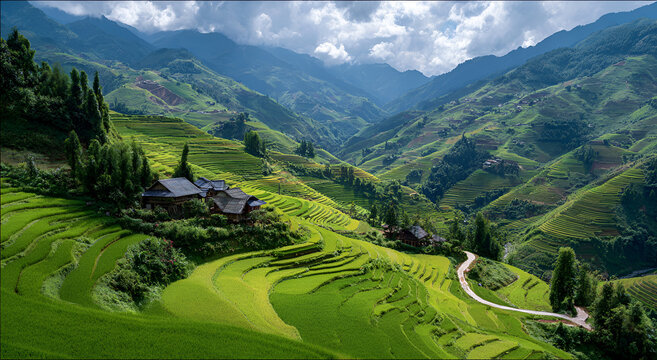 Lush Green Terraced Rice Fields and Traditional Houses in Guilin, China.