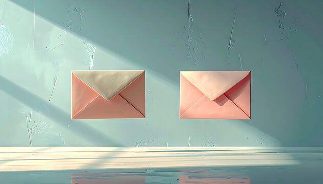 Two pink envelopes on a light blue wall with sunlight