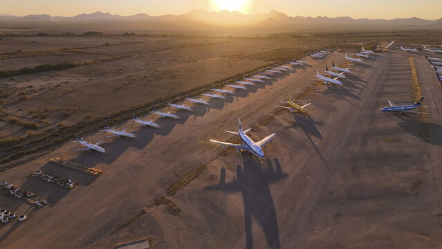 Tucson, United States - 30 November 2025: Aerial view of a desert boneyard of aircraft under a golden sunset, casting dramatic long shadows across the arid landscape.