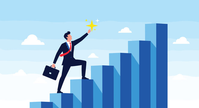 Businessman climbing set of rising bar charts while reaching for shining yellow star symbolizes ambition and success.