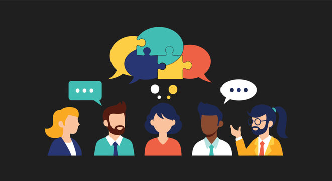 Diverse group of people talking with interlocking puzzle speech bubbles above them signifies communication and ideas.