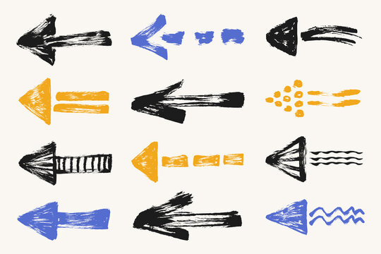 Hand drawn grunge textured arrows set. Doodle brush stroke bold creative arrows collection. Vector thick paint stroke arrows pointing left. Straight line directional signs