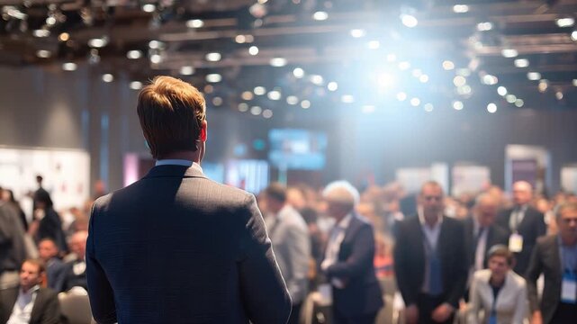 Business conference featuring a speaker addressing a large audience with a focus on innovative ideas and networking opportunities in a modern venue