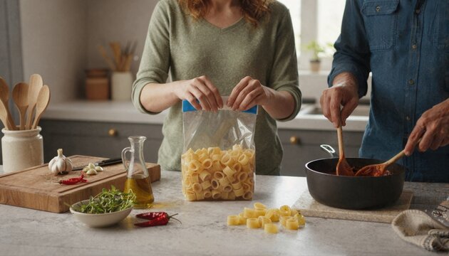 Friends cooking calamarata pasta in modern kitchen