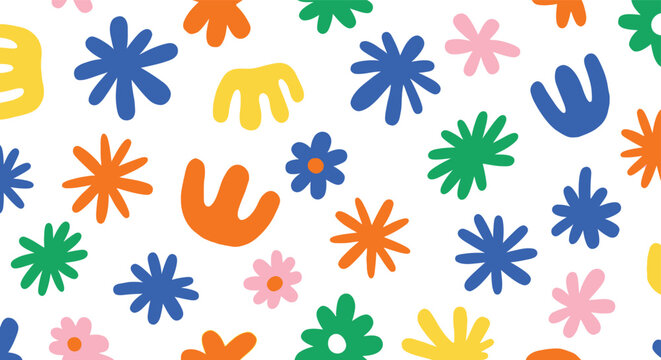 Colorful handprints and floral shapes on a white background