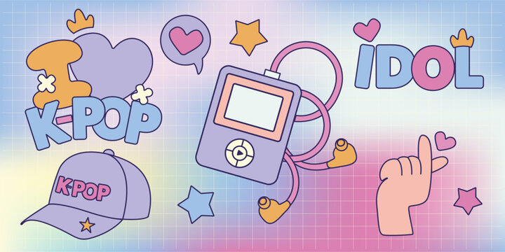 Colorful pastel K-pop sticker set with cute Korean pop culture symbols. Hand-drawn vector elements for planners, digital scrapbooking, social media and merch design