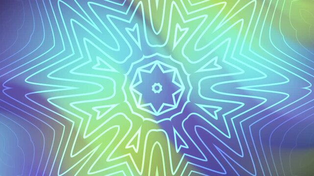 Abstract kaleidoscope design suitable for digital backgrounds, prints, textiles, and packaging with geometric star patterns in vibrant color palette.