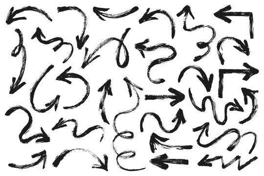 Grunge Curved Doodle Arrows Set. Swirl brush stroke marker drawn arrows. Chalk rough hand drawn pointers. Vector charcoal scribble directional signs collection.