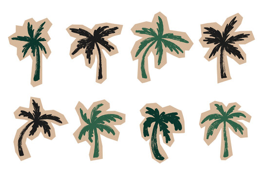Grunge Scrapbook Palm Trees Set. Doodle collage brush stroke tropical palm set. Vector chalk textured palm trees stickers set. 