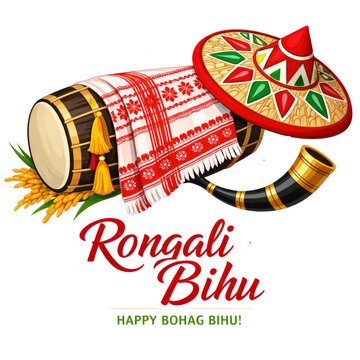 Rongali Bihu festival illustration with traditional dhol drum and japi hat, Happy Bohag Bihu greeting with pepa horn and gamosa scarf isolated PNG with Transparent Background