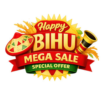 Happy Bihu Mega Sale promotional badge, festive Assamese harvest festival special offer label, vibrant cultural shopping discount sticker with Japi and Pepa isolated PNG with Transparent