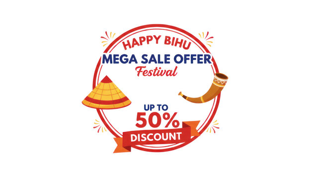 Happy Bihu Mega Sale Offer Festival Banner, Up to 50 Percent Discount Promotion, Assamese New Year Shopping Badge with Japi Hat and Pepa Horn isolated PNG with Transparent Background