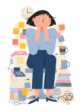 Illustration of a Woman Sitting on Papers, Surrounded by Office Supplies and Personal Items