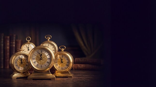 Golden vintage clocks showing midnight on a dark wooden table background