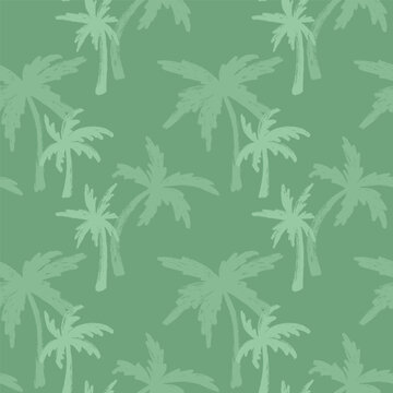 Green Grunge Palm Trees Seamless Pattern. Monochrome tropical trees summer pattern. Hand drawn brush stroke palm trees vector textile design