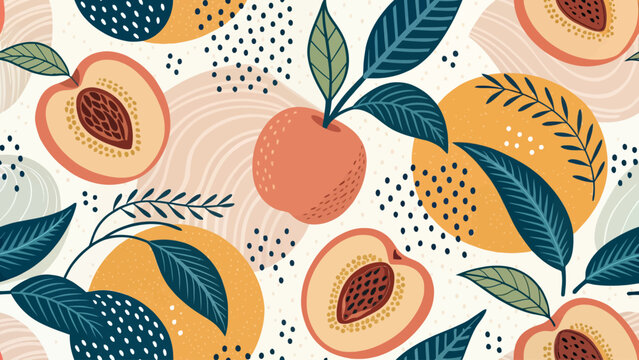 A vibrant illustration of peaches and leaves on a white background with colorful dots and patterns