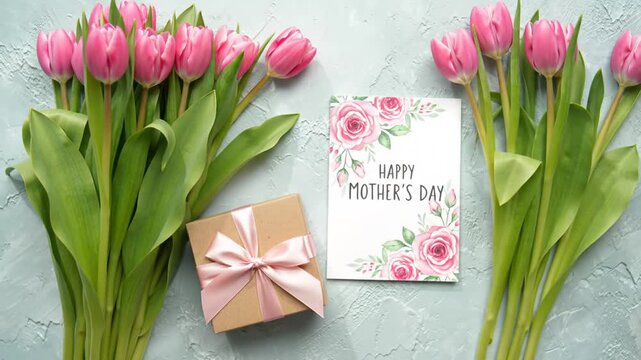 Hand holding pink tulips near Mother's Day card and gift