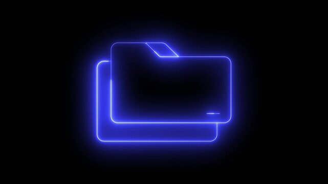 Blue glowing neon folder animation on a black background, digital file organization, storage solution, data management, or cyber security