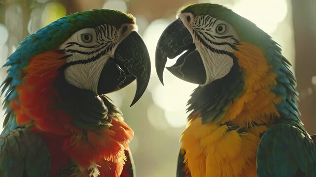 Two Colorful Macaws in Close Proximity, Beaks Touching, Sunlight, Natures Beauty.