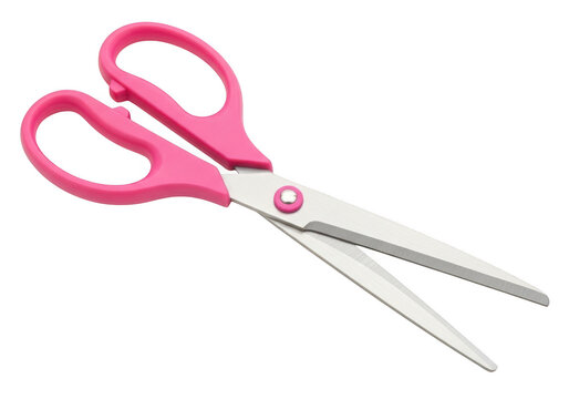 Pink scissors open on white background