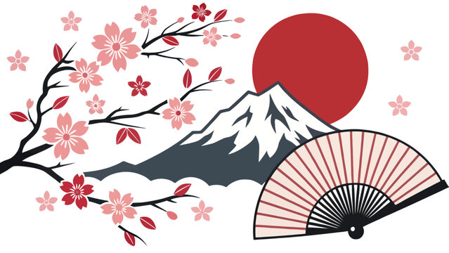 A stylized illustration of Mount Fuji with cherry blossoms and a traditional Japanese fan