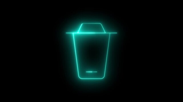 Glowing neon cyan trash can animation flickering on a black background, waste management, digital cleanup, computer recycling, or data deletion