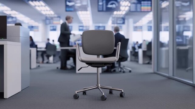 Tracking shot of empty swivel chair centered while office workers move and talk in open plan corporate interior with glass partitions and blurred background during daytime workday