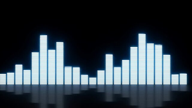 Static shot of audio equalizer bars pulsing and rising across reflective surface in dark studio with glowing blue led lights and mirrored floor