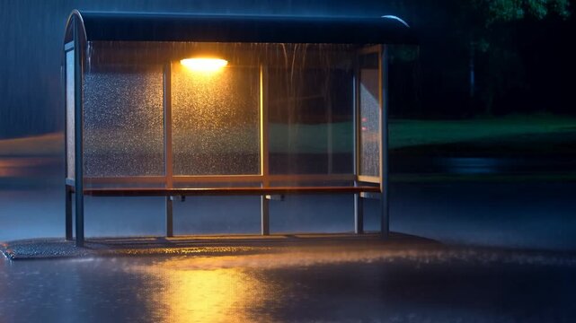 Slow motion static shot of empty bus shelter under street light with raindrops and reflections on wet pavement at night