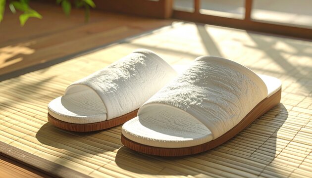 Elegant White Slippers on a Woven Mat in Natural Light.
