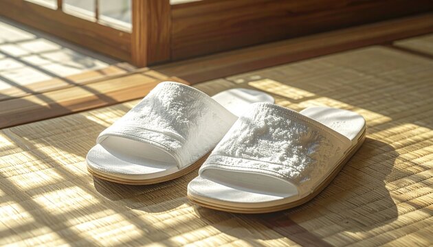 Elegant white slippers on tatami mat in sunlit room.