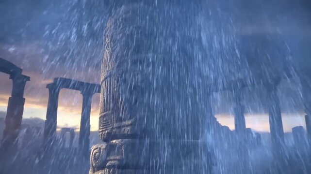 Dolly in shot of carved stone pillar drenched by heavy rain while lightning strikes behind ancient colonnade ruins at dusk