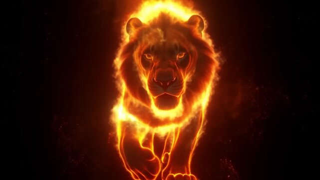 Tracking shot of fiery lion walking toward camera through dark void with glowing mane and embers surrounding powerful forward motion