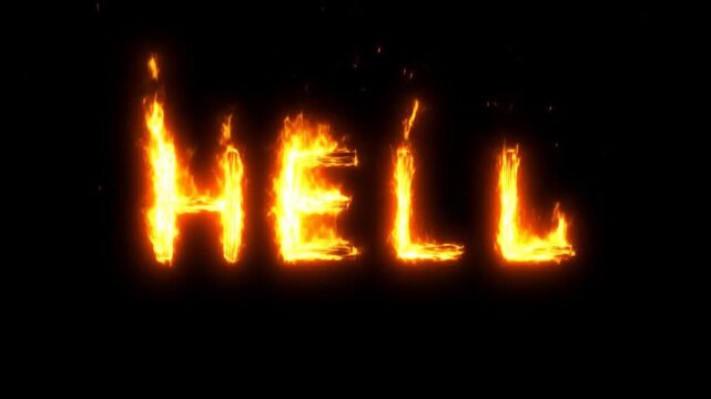 Slow zoom close up of flaming text hell intensifying and spreading on black background with flickering embers and glowing edges